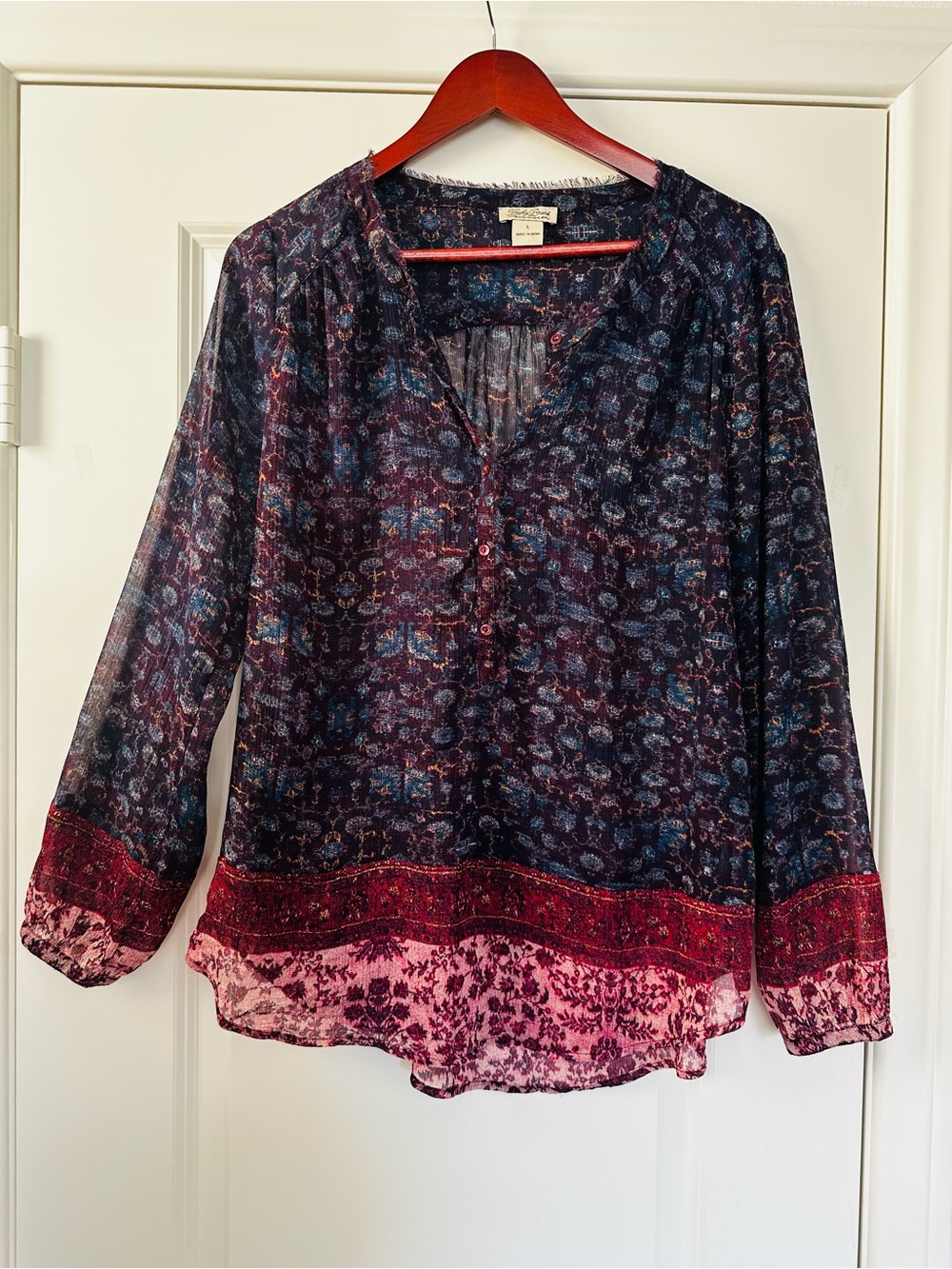Lucky Brand Navy Jewel Tone Sheer Floral Peasant Blouse Fall Boho Size Large